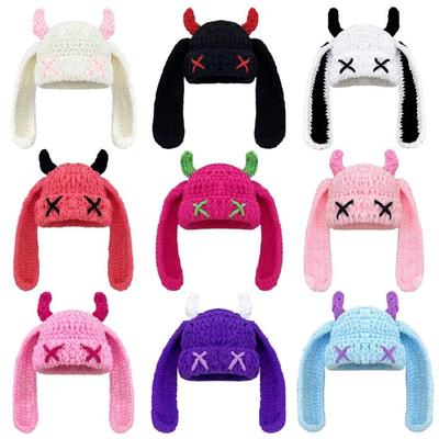 Stretchy Long Ear Brimless Hat Knitted Plush Hat Pullover Hat For Holiday Event Winter Warmth Women Halloween Party Props