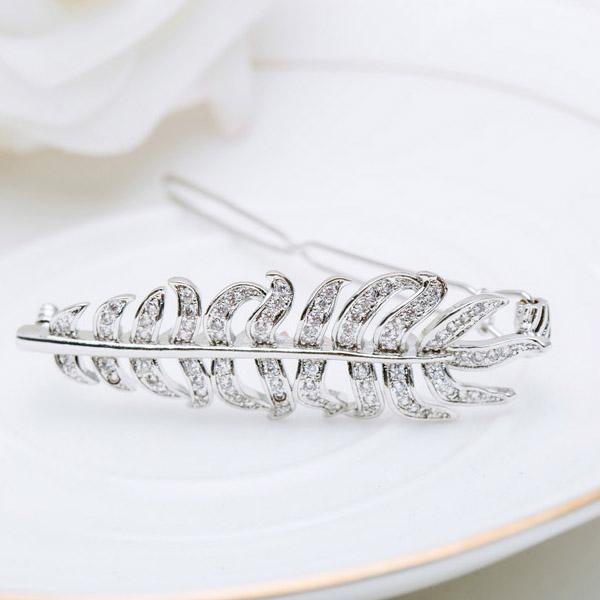 LUOTEEMI Wholesale Hot Selling Fashion Stylish Leaf Shape Luxury Zircon Crystal Feather Wedding Braid Hairpin