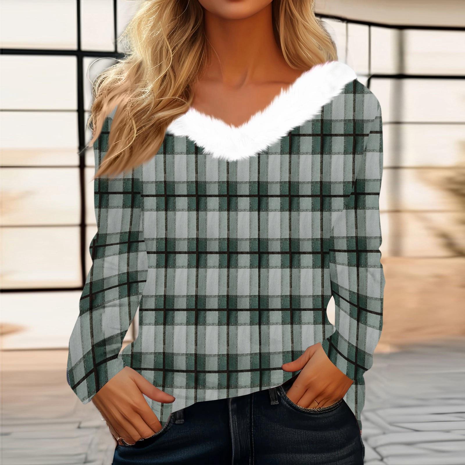 

Женский модный топ с длинным рукавом, клетчатым принтом, флисовым воротником и V-образным вырезом L