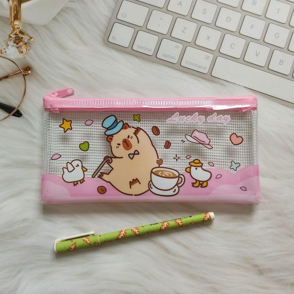 3PCS Cartoon PVC Mesh File Bag Capybara Large Capacity Zipper Pen Bag Waterproof Transparent Grid Storage Bag