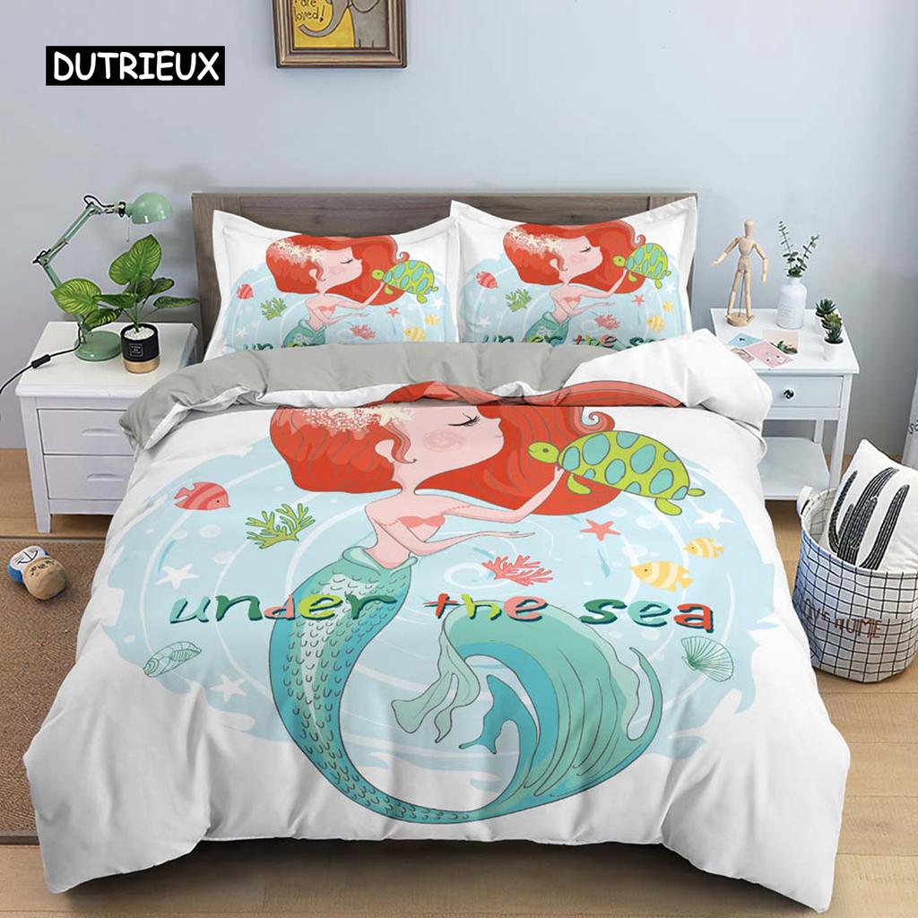 Mermaid Bedding Set Duvet Cover for Girls Cartoon Mermaid Comforter Cover for Kids Teens Birthday Gifts for Bedroom Decorations
