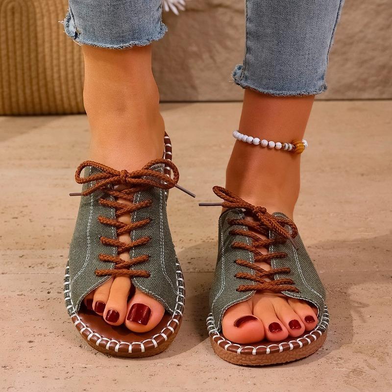 2025 Summer New Women's Open Toe Slippers Hot Sale Front Lace-up Low Heel Sandals Plus Size High Quality Outdoor Casual Slippers