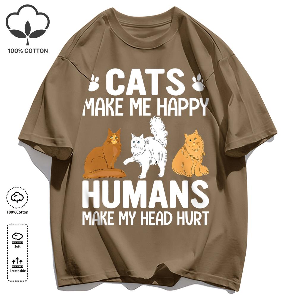 Cat Make Me Happy Design Unisex T Shirts Fashion All-Match T-Shirt Cotton Casual Clothing Summer Loose Unisex Retro Streetwear