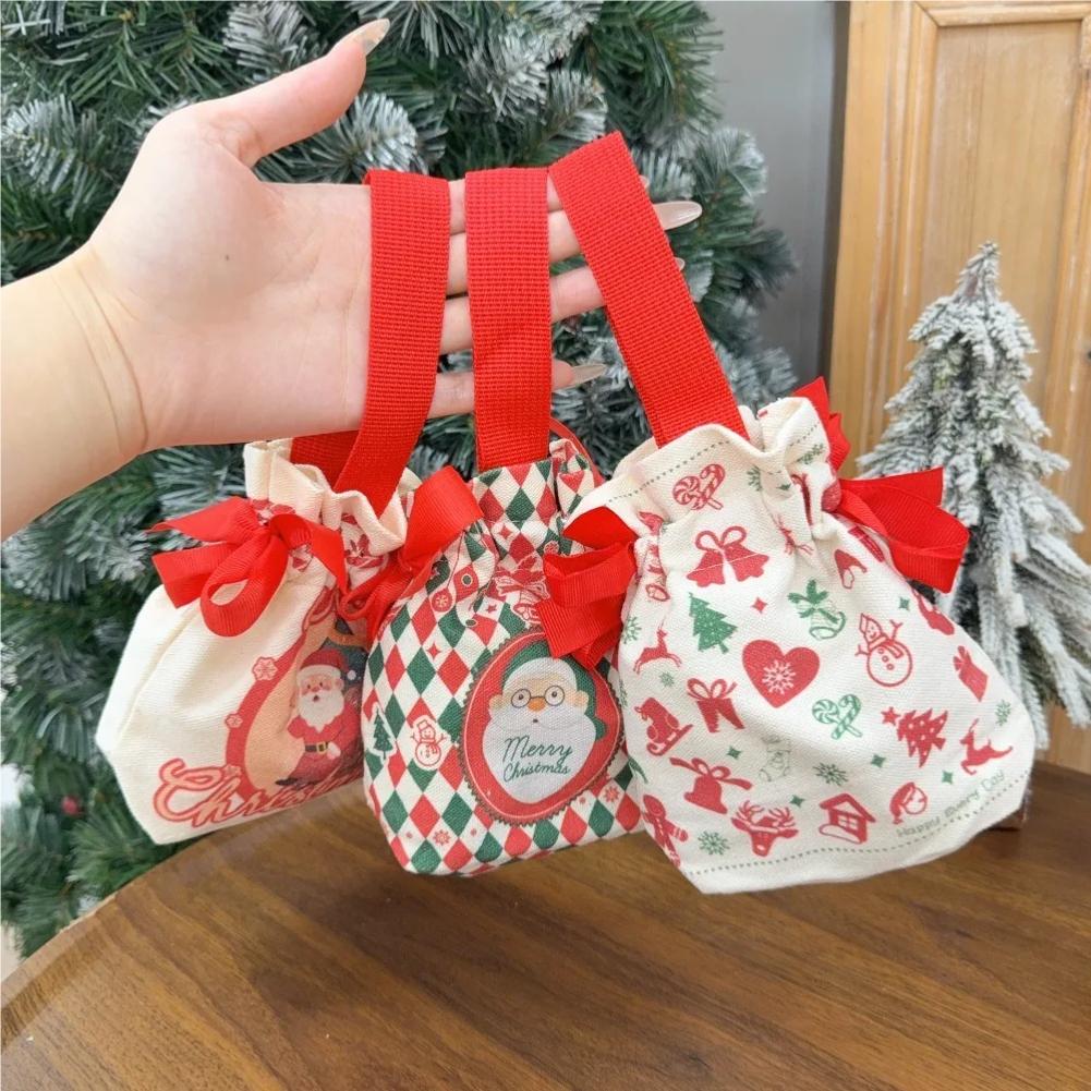 Christmas Canvas Drawstring Bag Christmas Candy Gift Packaging Bag Cartoon Handbag for Apple DIY New Year Xmas Home Party Supply
