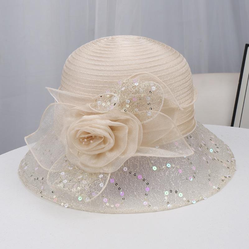 Spring and Summer New Light Luxury Mesh Sequined Top Hat Women's Banquet Sun Hat Three-dimensional Rose Decoration Light and Breathable