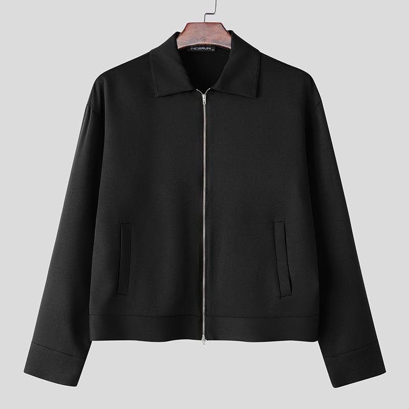 

INCERUN Autumn Men Lapel Neck Long Sleeve Zipper Casual Loose Cropped Jackets Coats XL чорний