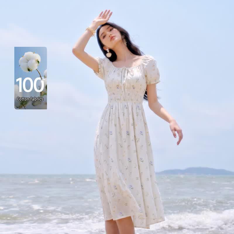 

Women s Retro Square Collar Bubble Sleeve A-Line Midi Dress XL