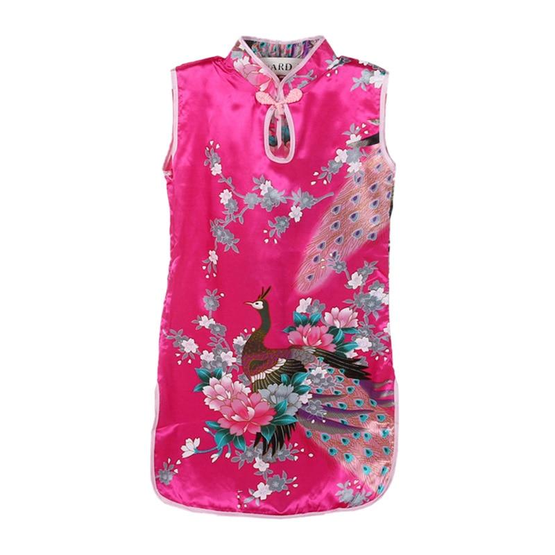 

Летнее детское китайское платье Cheongsam без рукавов с принтом павлина для девочек 4