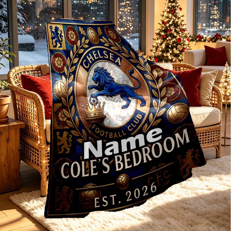 Custom Name Personalized Chelsea Football Club Print Blanket, Home Decor, Bedroom, Sofa, Camping, Couch, Gifts for Birthday Christmas