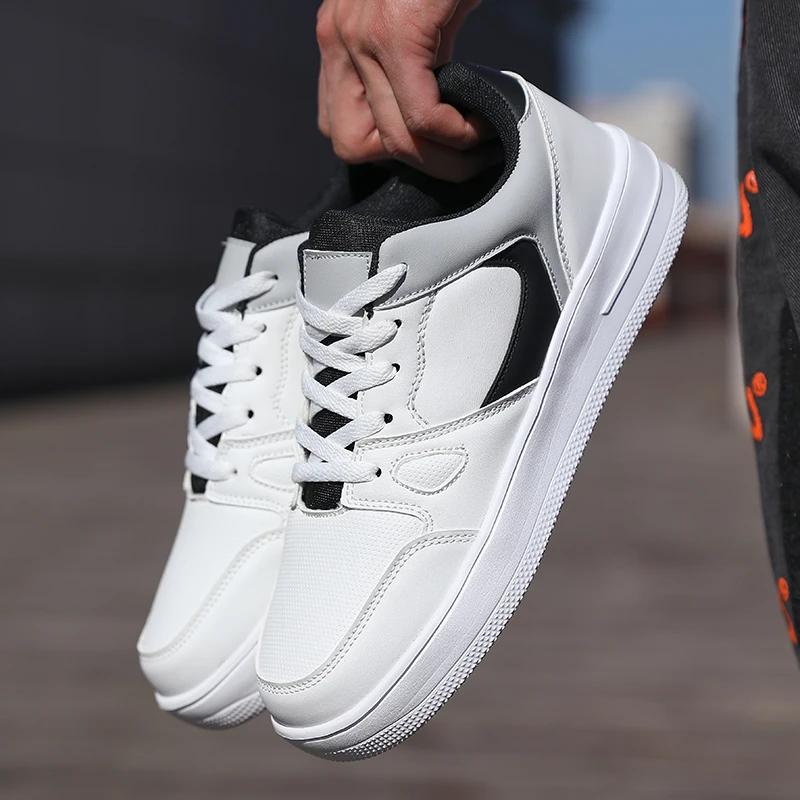 White Men's Leather Casual Shoes Outdoor Running Sports Shoes Breathable Mesh Flat Shoes Student School Walking Sports Anti Slip