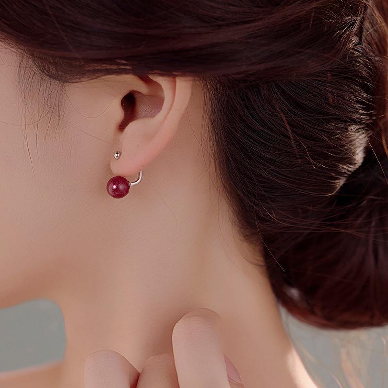 Banyan Tree S925 Silver Natural Purple Gold Sand Cinnabar Earrings for Women – High-End Red, New Autumn/Winter 2024 Style.