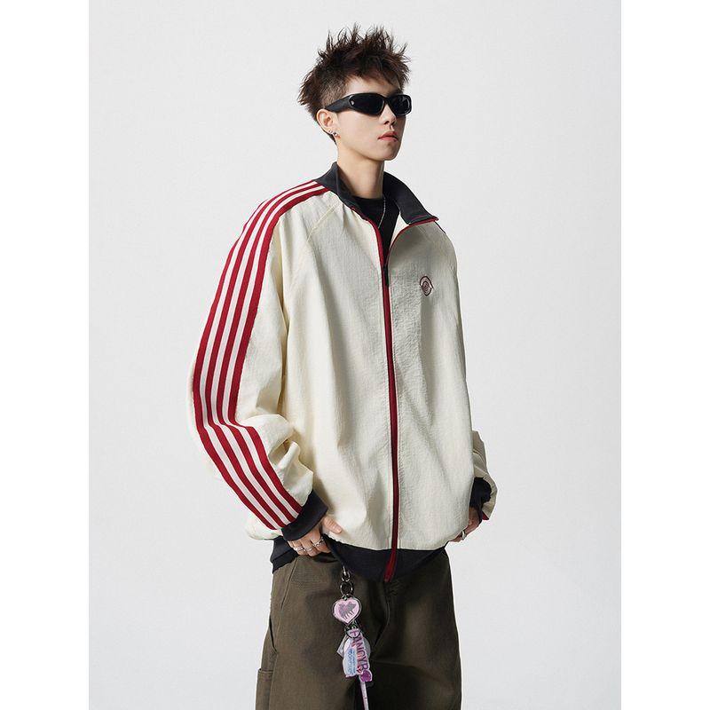 Striped Stand-Up Collar Casual Jacket for Men, Winter American-Style Color-Blocked Sports Top, High Street Versatile Loose-Fitting Couple Jacket