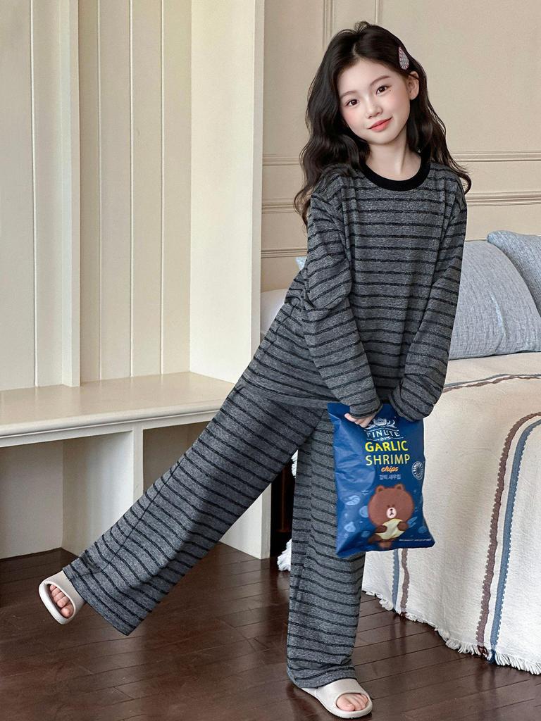 2025 Girls' Striped Cotton Pajamas Set - Long Sleeve Autumn Homewear for Little & Big Girls