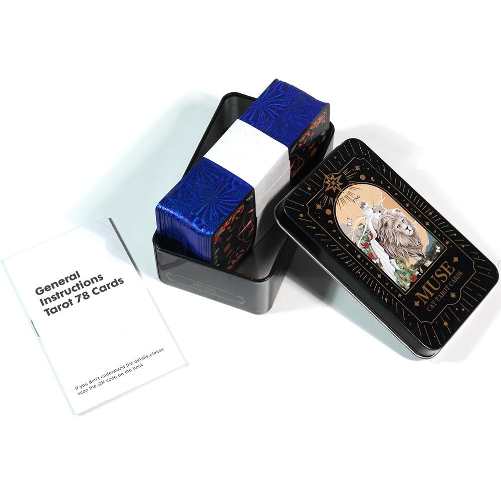 Muse Cat Tarot Deck In A Tin Box with Blue Gilded Edges 78 Pcs Cartoon Themed Tarot Cards 10.3*6cm with Guidebook for Beginners