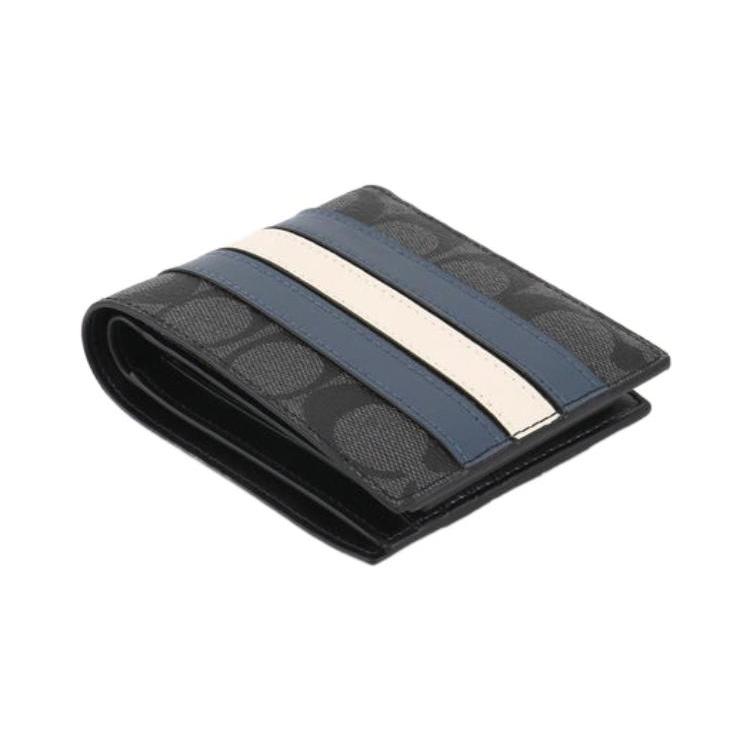New COACH 3 IN 1 Wallet Canvas With Leather 3 in 1 Wallet Men's Old Flower Black/Blue White Stripes 3008-QBOH0
