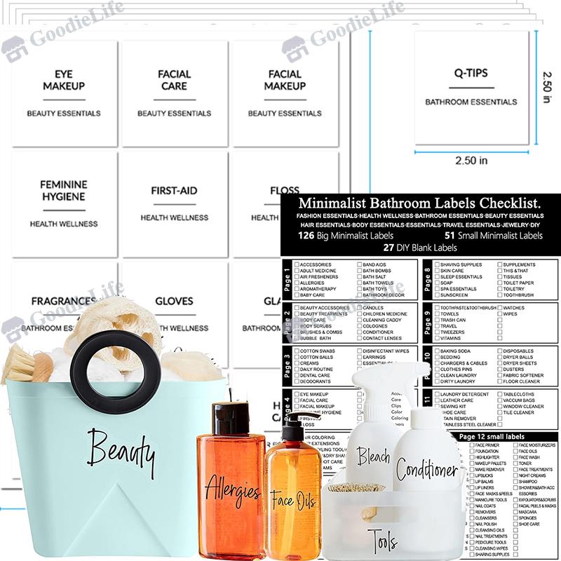 Waterproof Bathroom Stickers 189pcs Black Oil Resistant Labels for Storage and Cosmetic Categorization