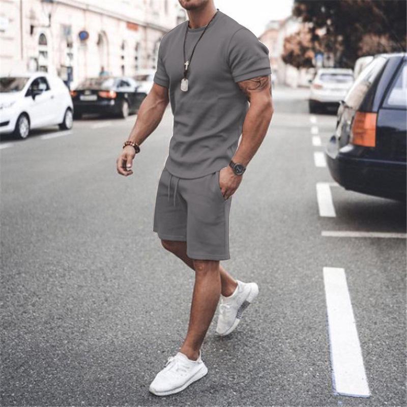

Men s Solid Color Short Sleeve & Shorts Two-Piece Sports Casual Set (2024) M темно-серого
