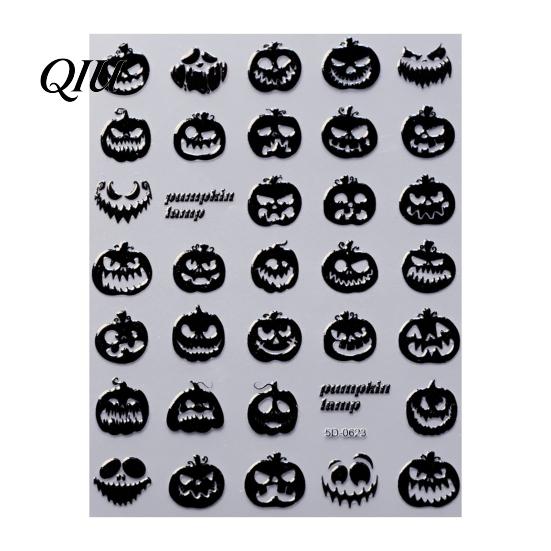 Self Adhesive Nail Decorations Halloween Art Stickers, 3D Embossed Skeleton Hand Pumpkin Bat DIY Home Manicure Tools Black Decals,
