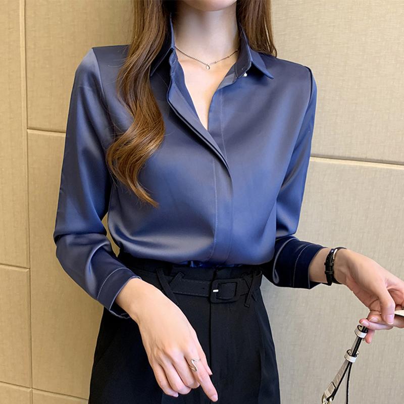 Neue Mode Herbst Langarm Frauen Hemd Drehen Unten Kragen Büro Dame Weiß Satin Bluse Shirt Frauen Tops J738