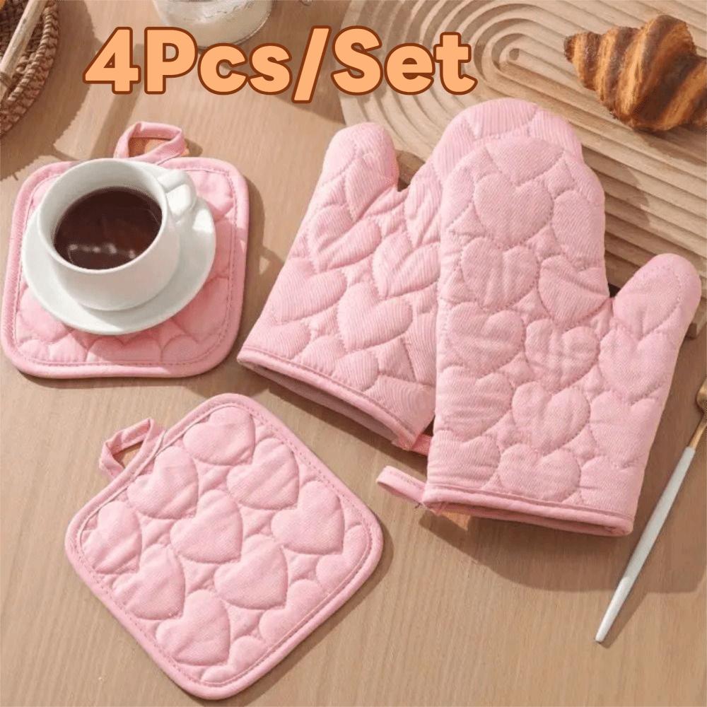4 pieces/set Thickened Heart Oven Baking Gloves Set Heat Resistant Kitchen Insulated Pad  Hot Pot