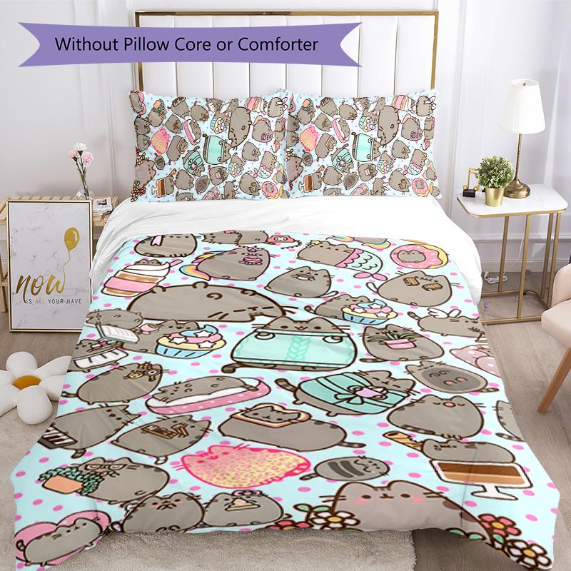 3pcs Pusheeen Design Cover Set - HD Printed Bedding with 1 Cover and 2 Pillowcases - Perfect for Home and Dorm Decor
