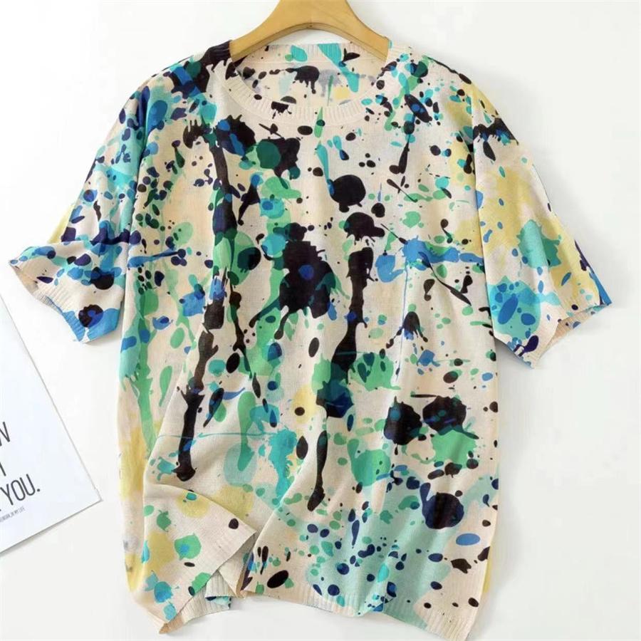 Dámské ležérní pletené topy do O s krátkým rukávem jarní pletené svetry s květinovým potiskem dámské prodyšné triko