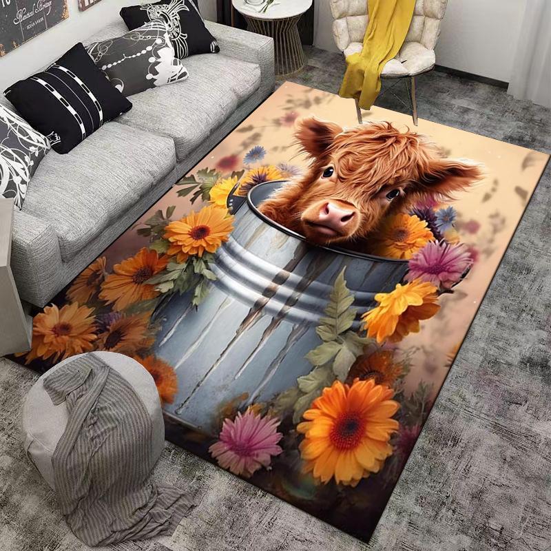 Highland Cow with Flowers carpet Non-slip rug suitable for living room and bedroom sofas