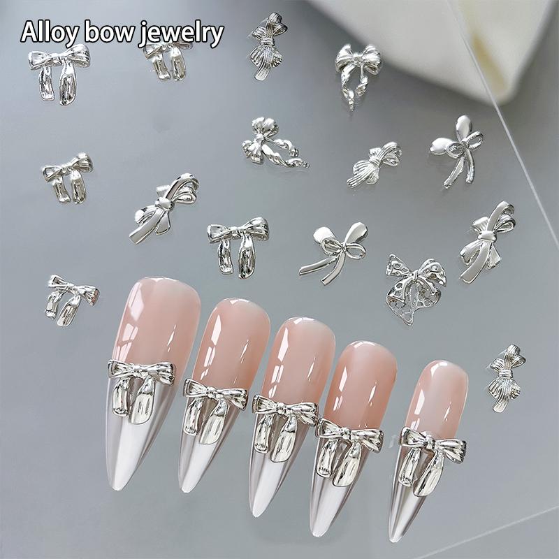 10 Pcs Glossy Silver Ribbon Nail Art Charm 3D Metal Alloy Bows Silk Ribbon Nail Decoration Diy Retro Metallic Nail Accessories