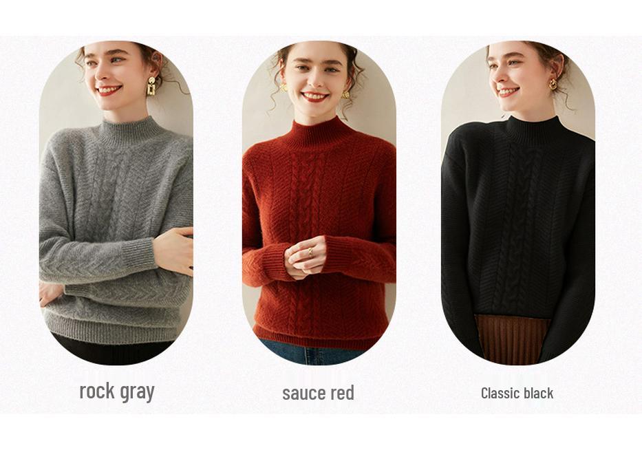 Women's Soft Cashmere Cable Knitwear - Semi-High Neck, Thickened for Autumn/Winter, Can Be Worn Alone or as a Commuting Base Layer