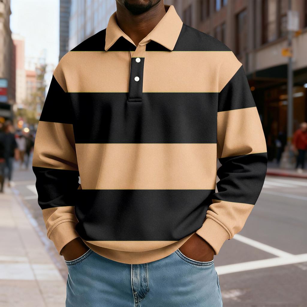 Men's Casual Loose Colorblock Print Lapel Button Long Sleeve Top