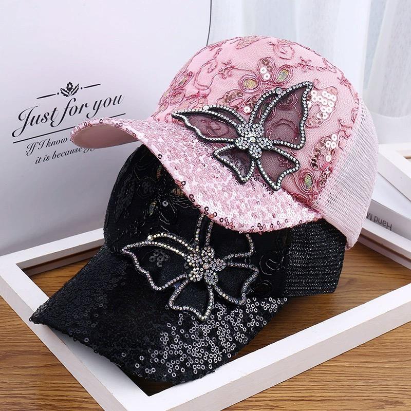 Korean Sequined Duckbill Cap For Women's Rhinestone Butterfly Baseball Cap For Women's Summer Breathable Sunshade Mesh Hat