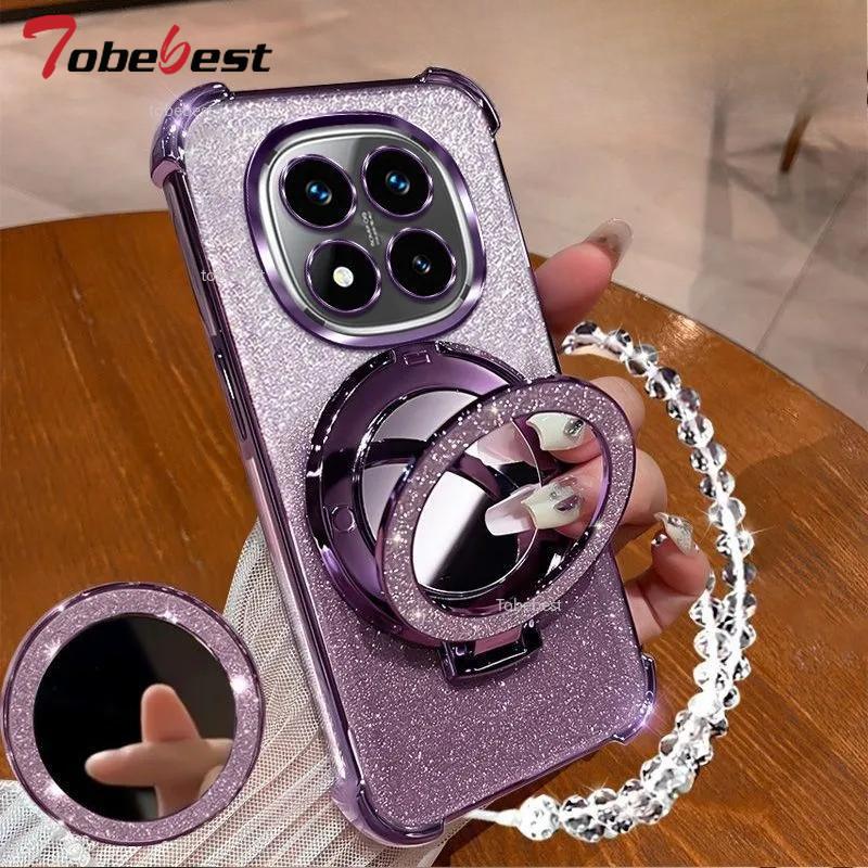 Shockproof Glitter Plating Case For Xiaomi Redmi 14C Note 14 Pro 4G 5G Crystal Bracelet Mirror Magnetic Holder Stand Soft Cover