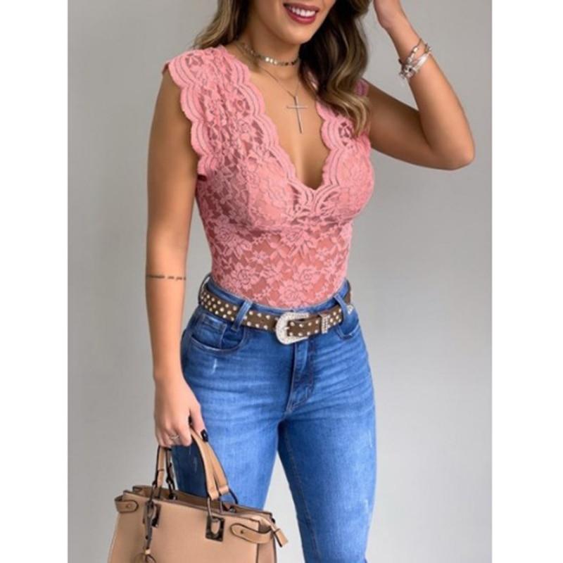 Blusas Fashion Sexy V-neck Blouses Woman 2023 Summer Slim Lace Shirt Top For Girl Solid Bottom Tops Clothes Elegant  25950