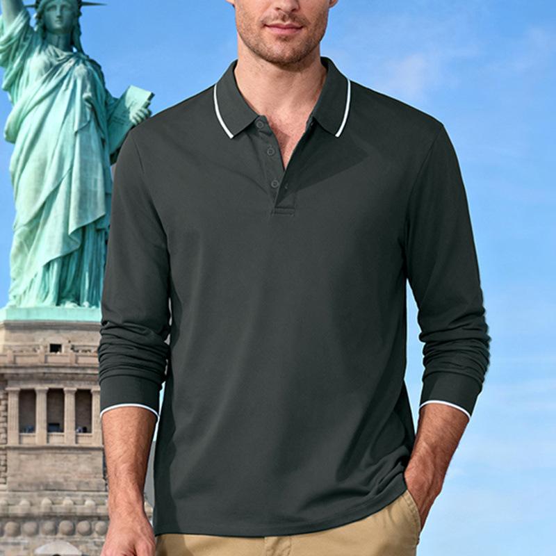 Men's Fall Long Sleeve Polo Shirt Contrast Trim Collar Button Up Golf Top