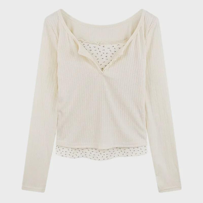 Zweiteiliges T-Shirt mit Blumenmuster und langen Ärmeln im Slim Fit für Damen – Schicker Frühlings- und Herbststil