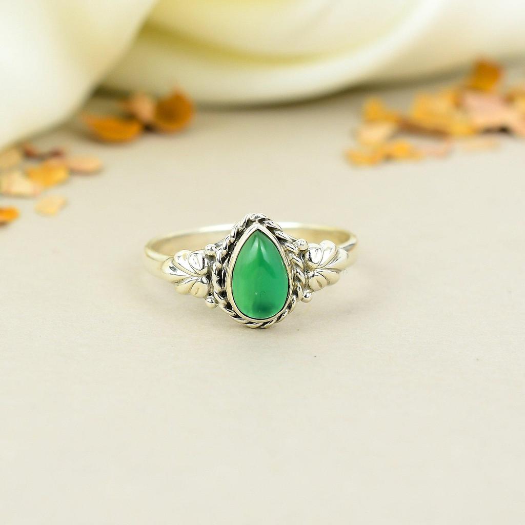 Green Onyx 925 Sterling Silver Pear Gemstone Green Stone Handmade Jewelry Ring For Women