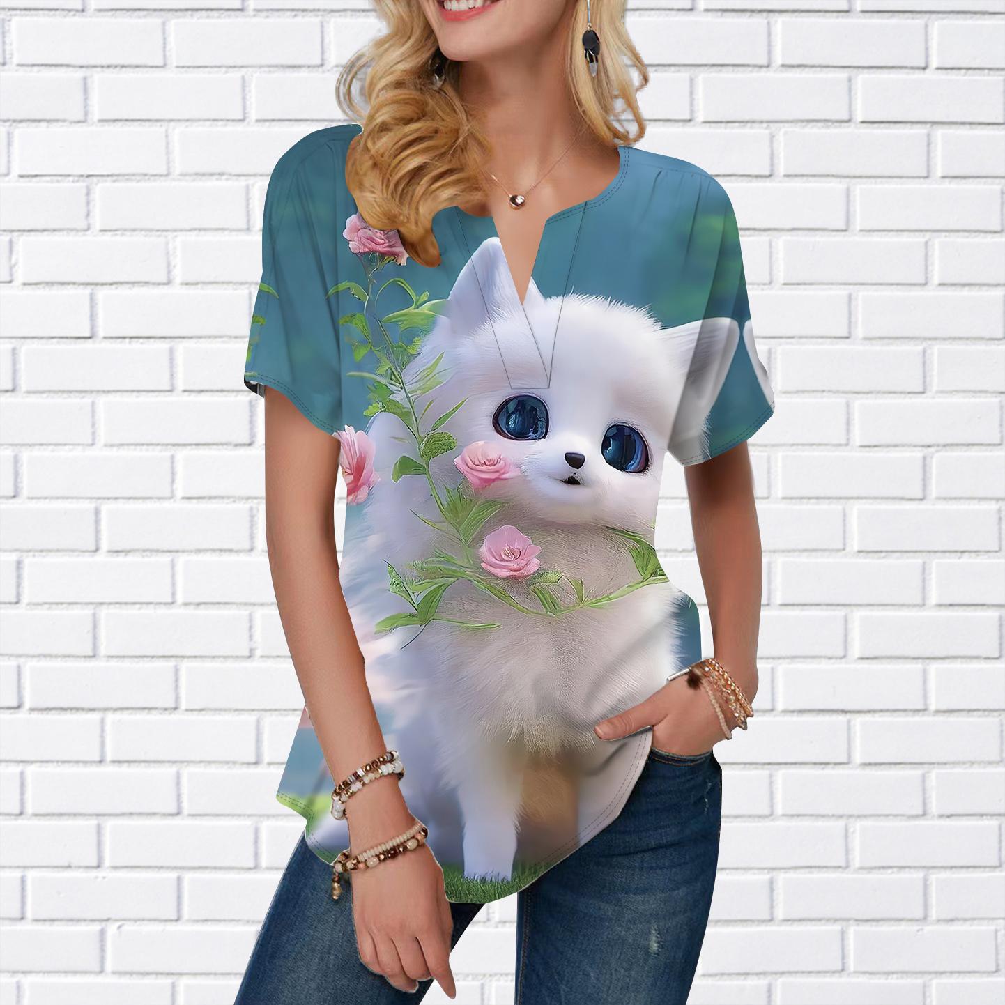 

Женская летняя футболка с принтом Fat Cat, футболки с короткими рукавами, повседневные топы с принтом, маленький v-образный вырез с короткими рукавами 8XL белый