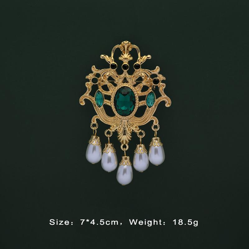 Baroque Vintage Gold Color Crystal Pearls Pin Brooches Gem Hollow Geometric Rectangle Brooch Collar for Women Jewelry