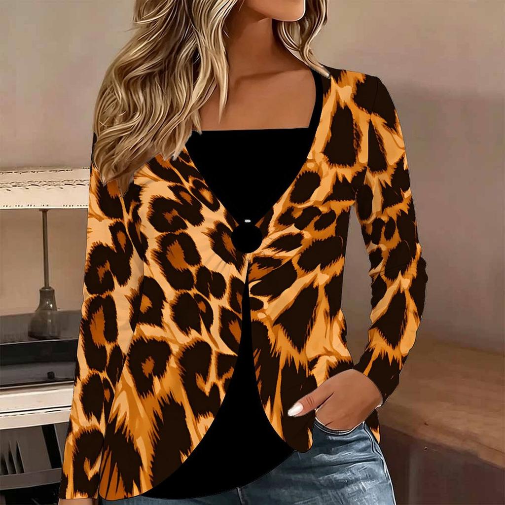 Tops for Women Leopard Print Long Sleeve Fake Two‑Piece Top Fall Casual Slim Pullover Women's Long Sleeve Top