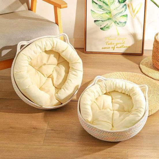 Cat Bed Basket Cotton Rope Pet Bed with Cat Ear Design Handwoven Sleeping Basket for Cats Puppies Rabbits Small Pets