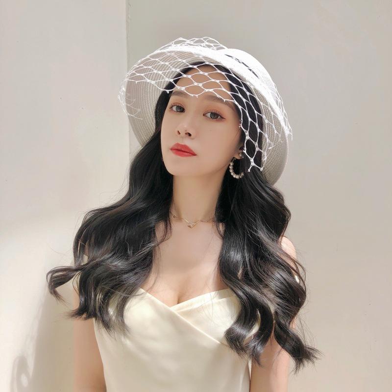 French Elegant Retro Mesh Black Bell-Shaped Basin Hat Women'S Summer Sunshade Sunscreen Beach White Fisherman Top Hat Straw Hat