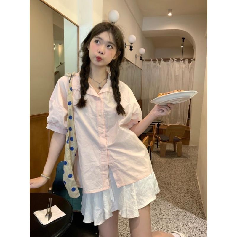 Summer New Pink Women's Short Sleeved Shirts Korean Sweet Simple Tops Casual Versatile Ladies Pullover Shirt