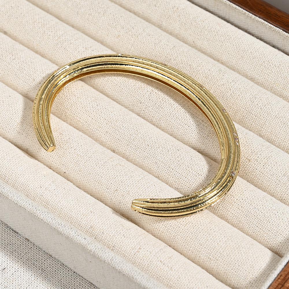 Golden Copper Open Bangle with Zirconia Stripes – Elegant European & American Style Bracelet for Women s Daily Wear