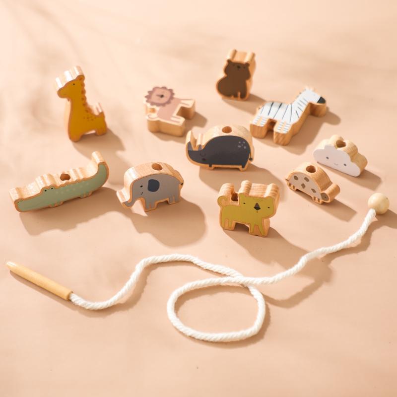 Baby-Tier-Fädelspielzeug, Baby-Fingerübungsspielzeug aus Holz, Blöcke, Montessori-Kombinationsspielzeug, pädagogisches Kinderspielzeug für Kinder