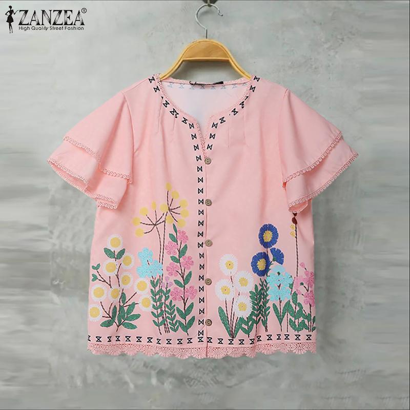 ZANZEA Women Summer V-Neck Casual Floral Print Short Sleeve Blouse