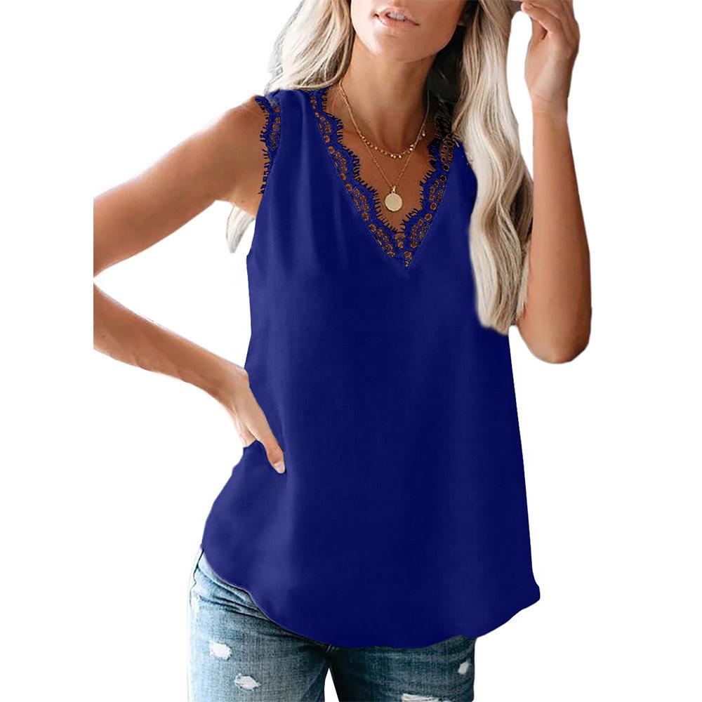 Womens Summer Sleeveless Button Shirts Casual Pure Color V-Neck Tank Tops Ladies Loose T-shirts Lace Blouses