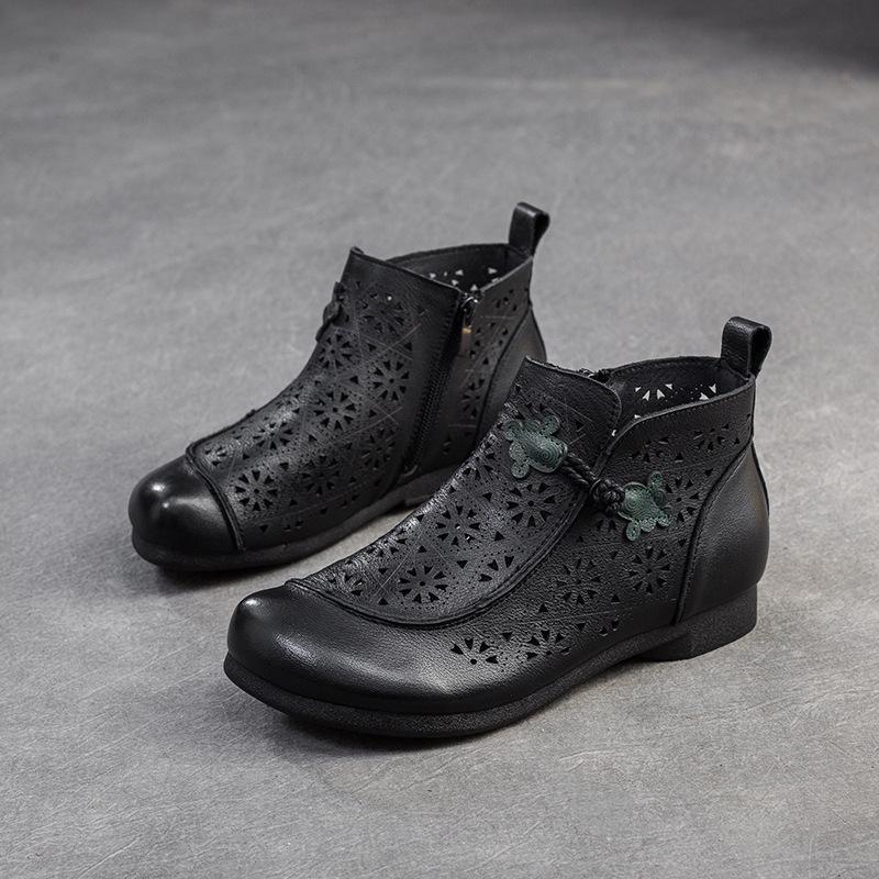 Johnature Prodyšné vyřezávané boty Letní pravá kůže Retro kulatá špička Dámské ploché sandály