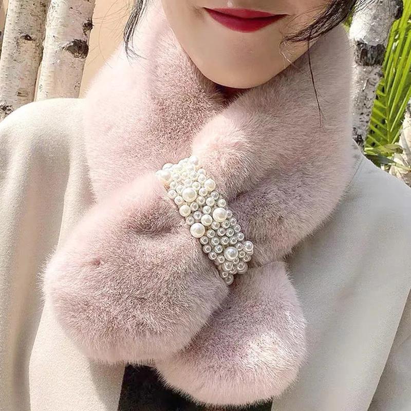 New Women's Winter Scarf Faux Fur Plush Pearl Scarf Faux Fur Thickening Warm Cross Stereo Scarfs New Scarfs Apparel Accessories