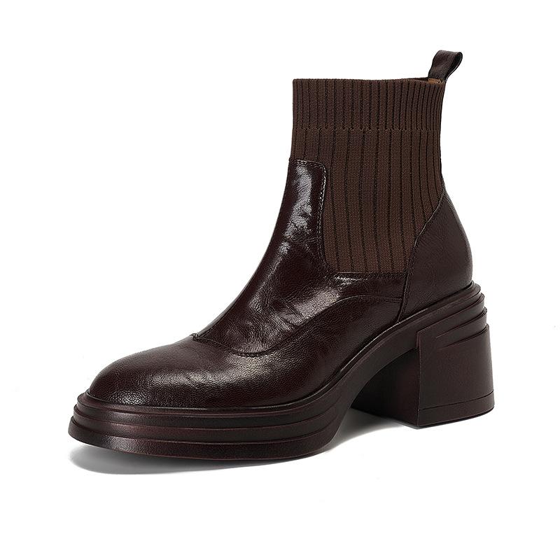 Matte leather thick heel high heel short boots women's thin boots autumn and winter new small thick bottom elastic socks boots