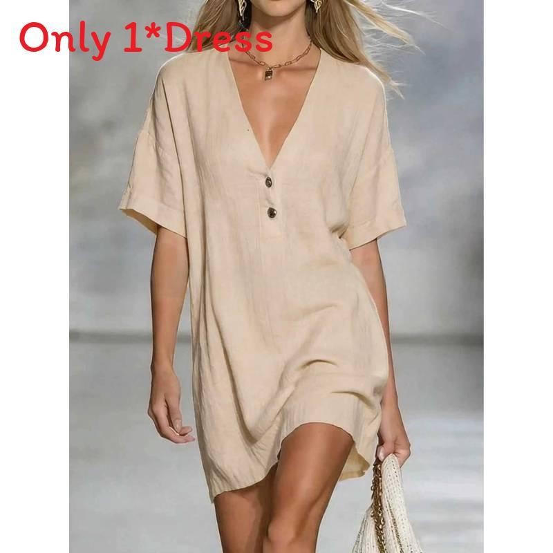 Abito Estivo in Cotone e Lino da Donna con Scollo a V e Collo Semiaperto Stile Casual A-line
